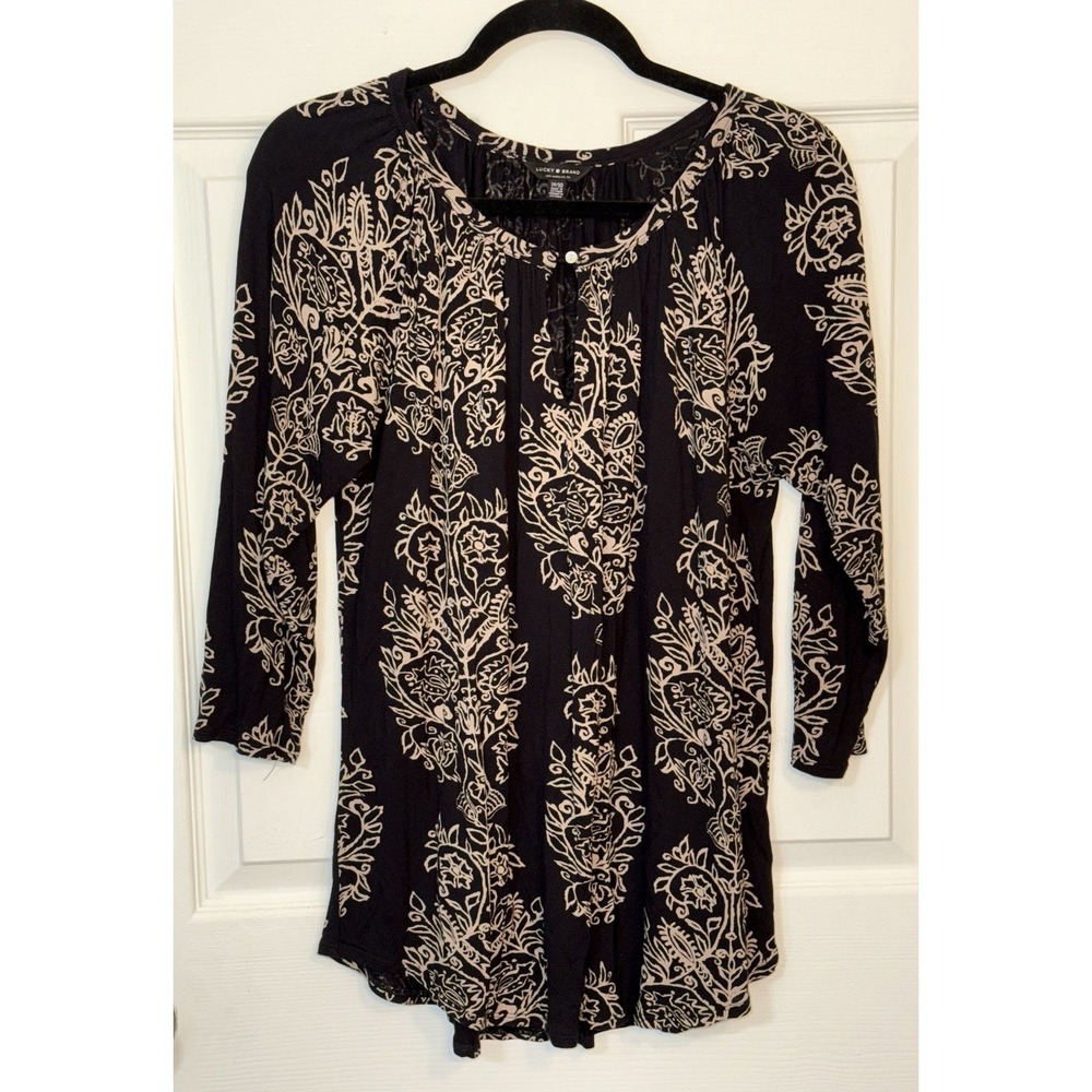 Lucky Brand Black Tan Floral Round Neck Keyhole Pullover Blouse Tunic Size 1X‎